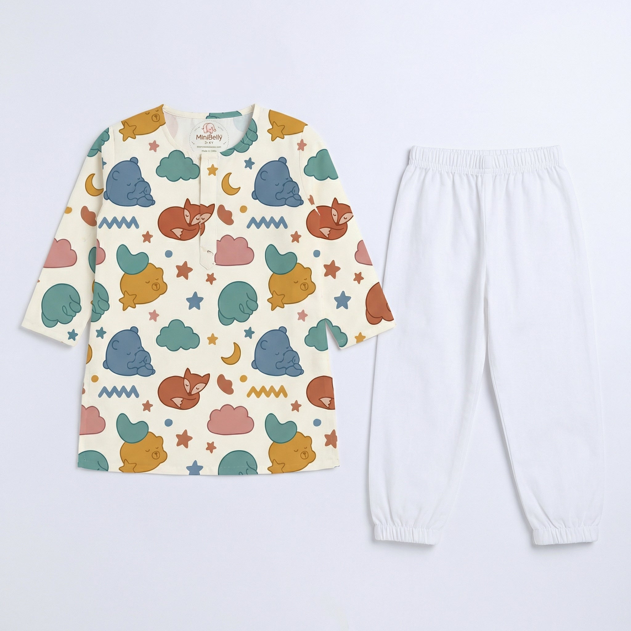 MiniBelly Kurta Pajama Set sleeping bears and foxes with clouds and stars nursery print 100% Cotton - minibelly