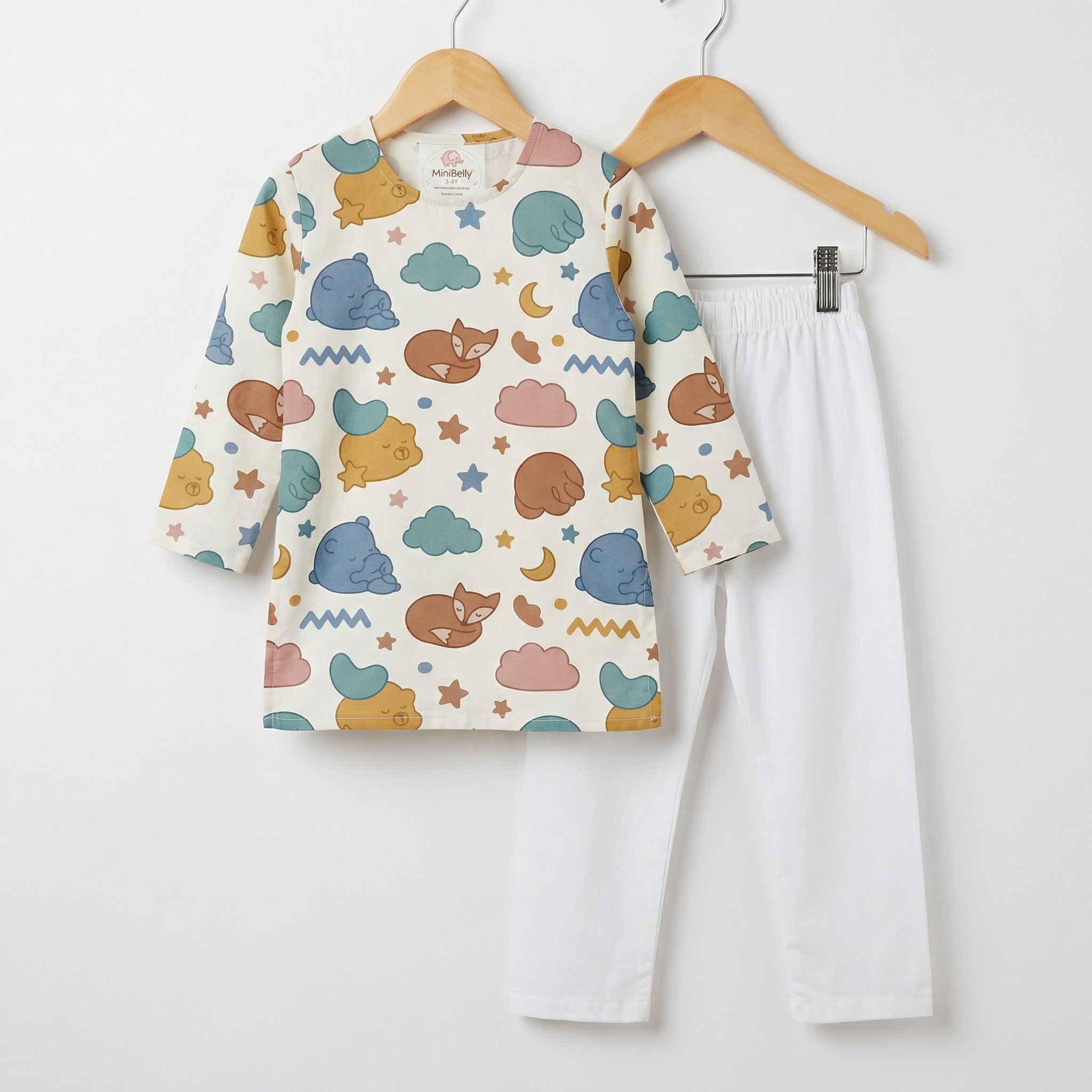 MiniBelly Kurta Pajama Set sleeping bears and foxes with clouds and stars nursery print 100% Cotton - minibelly