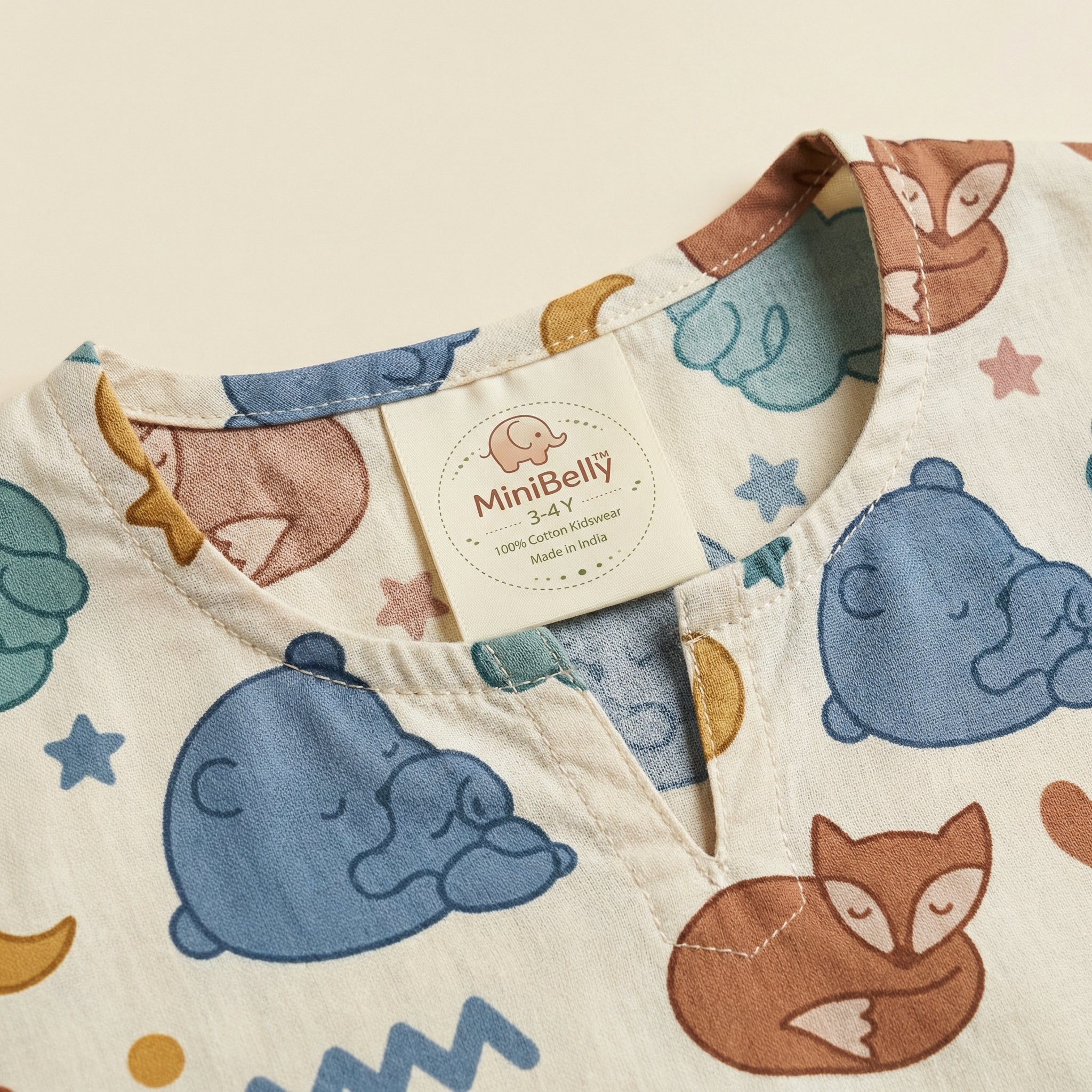 MiniBelly Kurta Pajama Set sleeping bears and foxes with clouds and stars nursery print 100% Cotton - minibelly