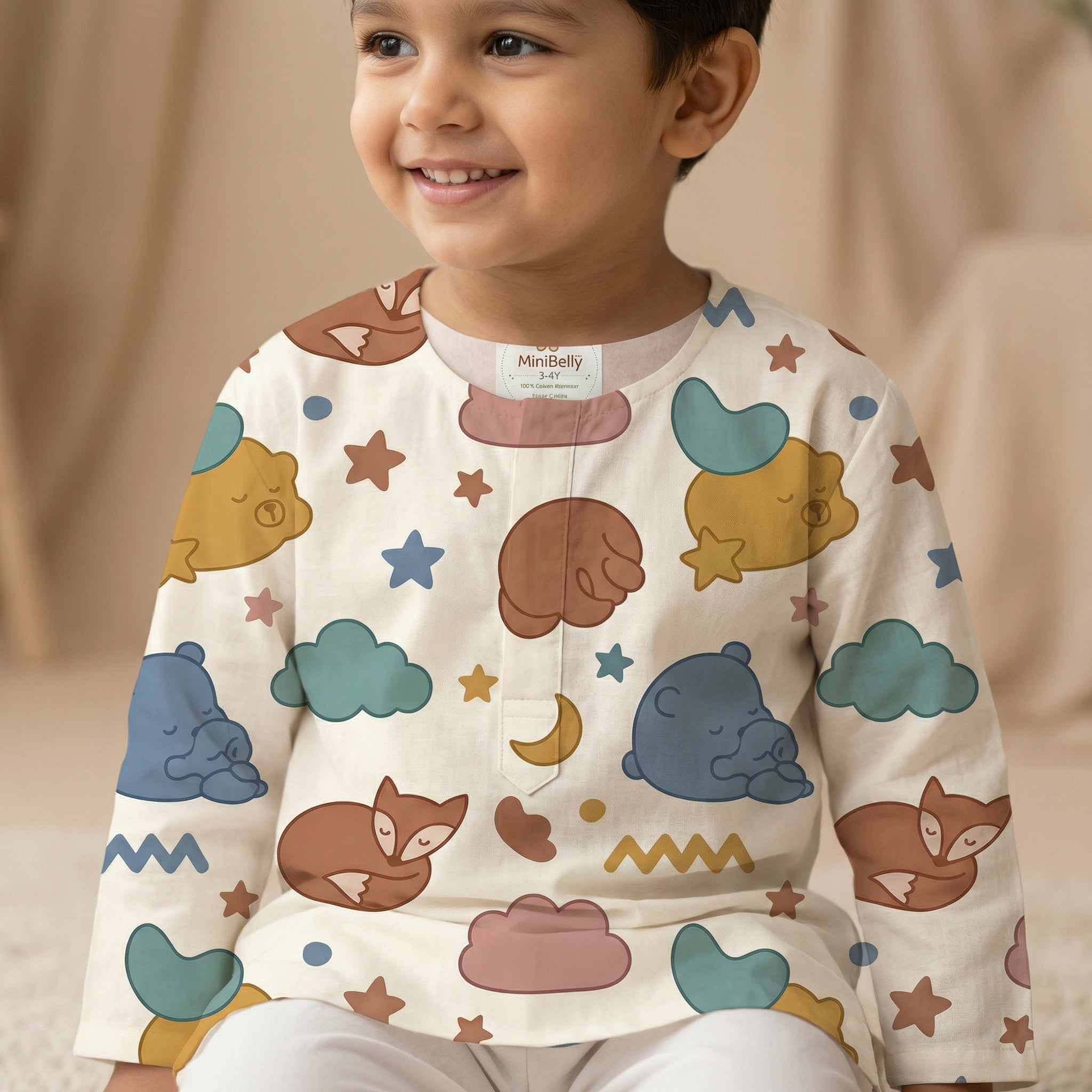 MiniBelly Kurta Pajama Set sleeping bears and foxes with clouds and stars nursery print 100% Cotton - minibelly
