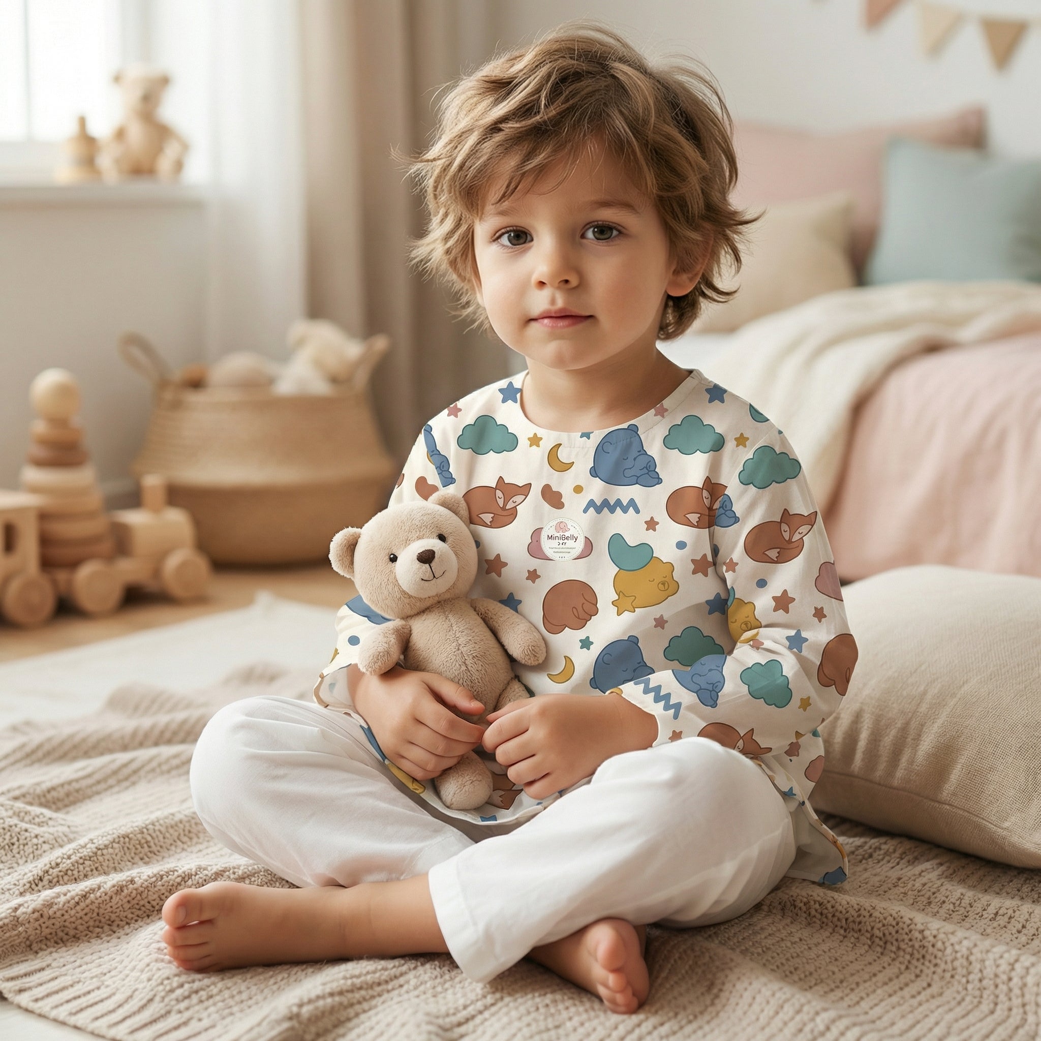 MiniBelly Kurta Pajama Set sleeping bears and foxes with clouds and stars nursery print 100% Cotton - minibelly