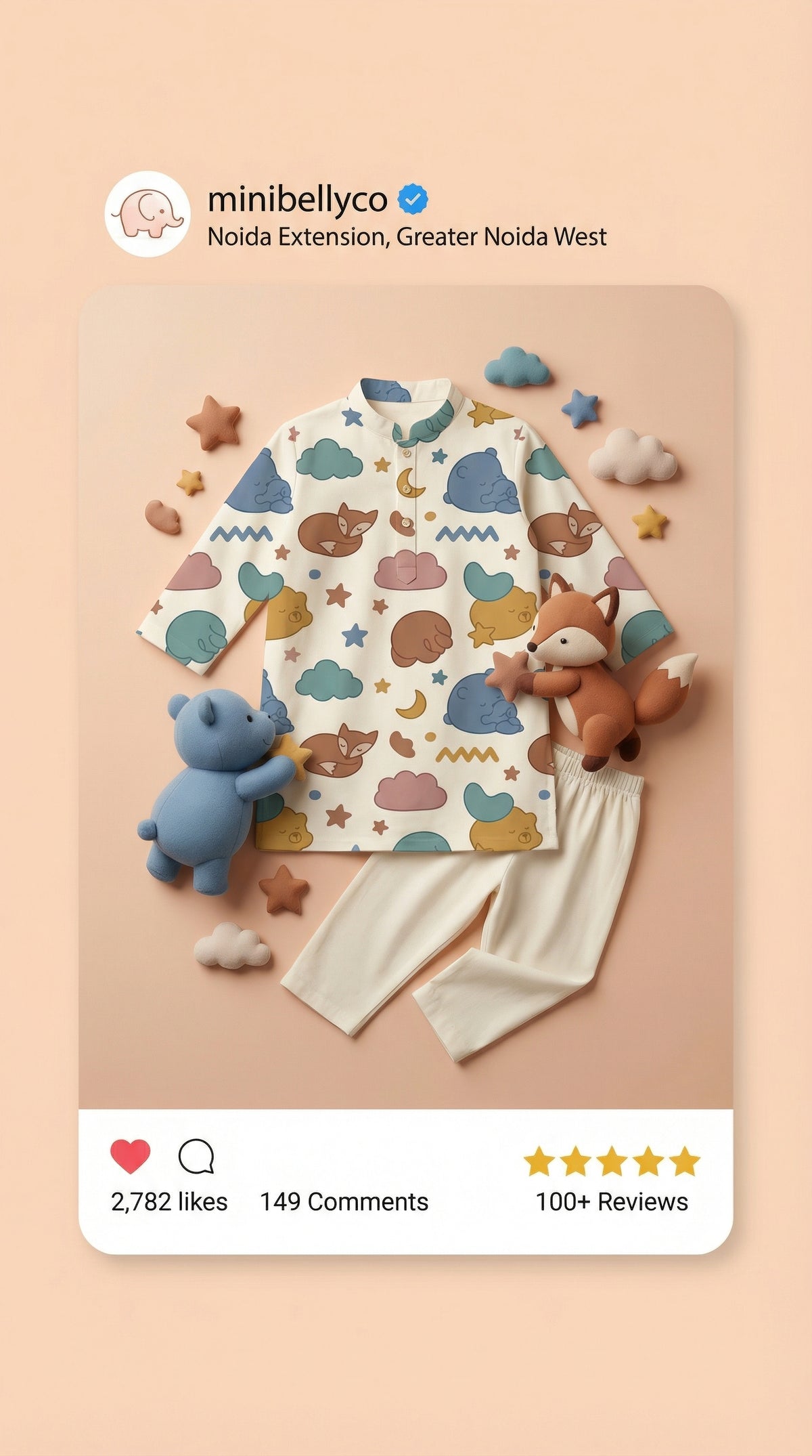MiniBelly Kurta Pajama Set sleeping bears and foxes with clouds and stars nursery print 100% Cotton - minibelly