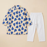 MiniBelly kids' blue pear-printed kurta pajama set in soft cotton for ages 0-3 years, featuring abstract pattern on light background.