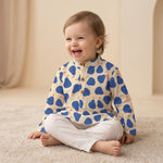 MiniBelly kids' kurta pajama set in soft cotton with abstract blue pear pattern on light background for ages 0-3 years.