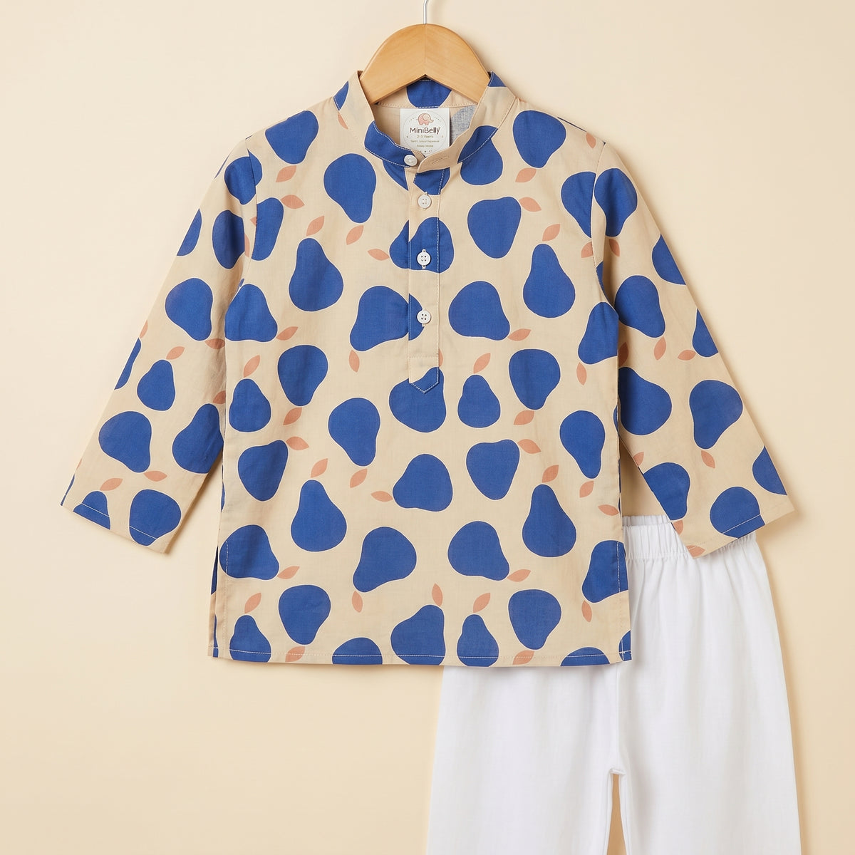 MiniBelly kids' kurta pajama set in light background with abstract blue pear pattern, made from soft 100% cotton fabric.