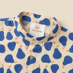 MiniBelly kids kurta pajama set with blue pear abstract pattern on light background, made of soft 100% cotton fabric.