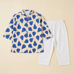 MiniBelly kids' kurta pajama set in light fabric with blue pear abstract pattern, made of soft 100% cotton for ages 9-12 months.