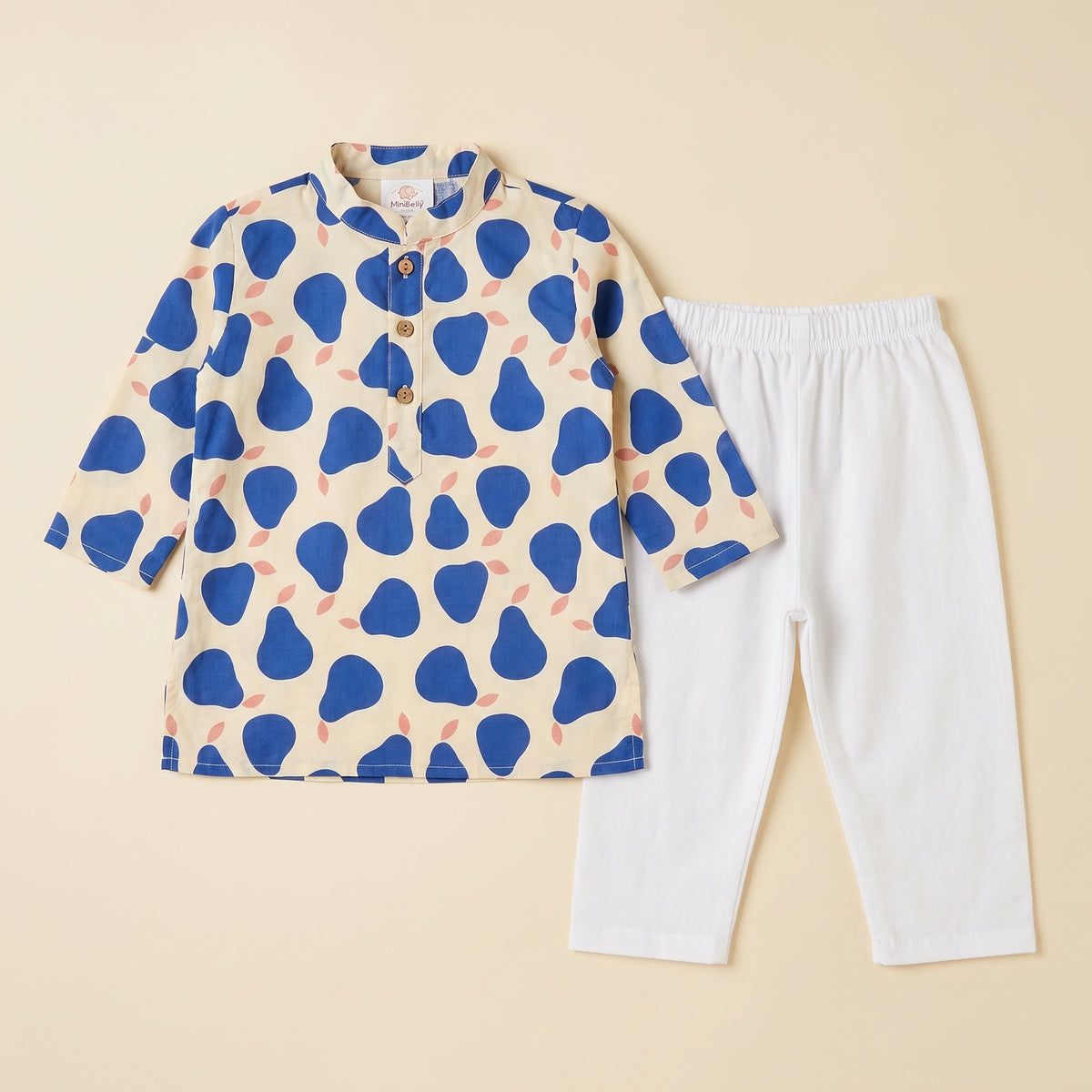 MiniBelly kids' kurta pajama set in light fabric with blue pear abstract pattern, made of soft 100% cotton for ages 9-12 months.