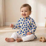 MiniBelly kids' kurta pajama set with abstract blue pear pattern on light background, made of soft 100% cotton fabric.