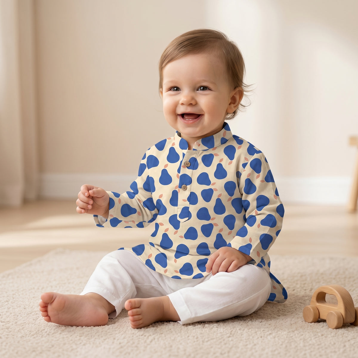 MiniBelly kids' kurta pajama set with abstract blue pear pattern on light background, made of soft 100% cotton fabric.