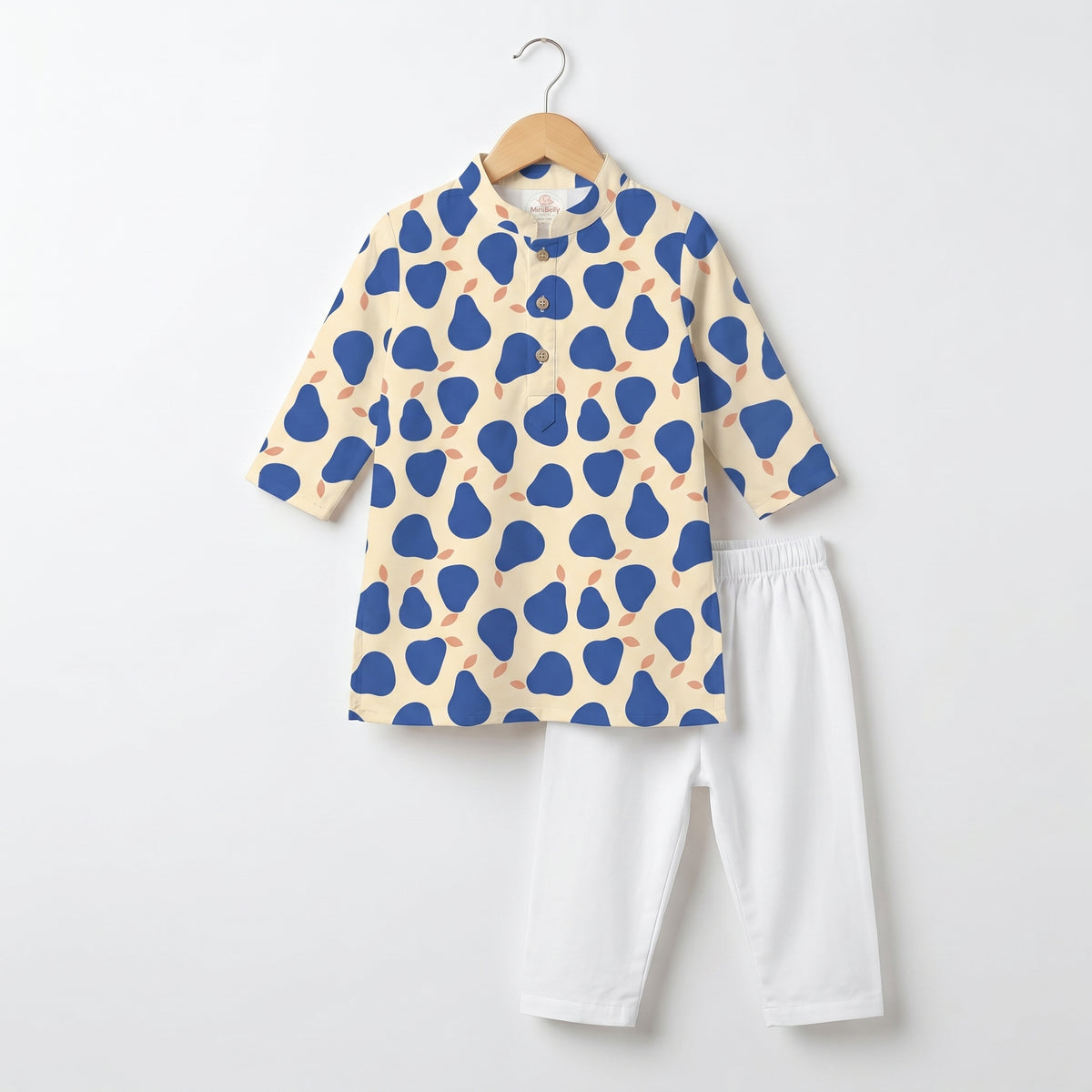 MiniBelly kids' kurta pajama set with blue pear abstract pattern on light background, soft 100% cotton fabric for ages 0-12 months