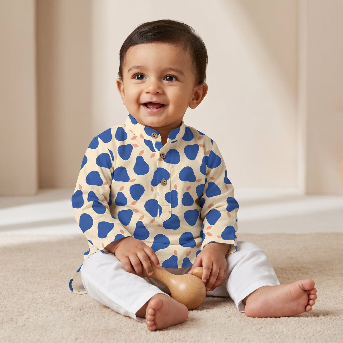 MiniBelly kids' kurta pajama set with abstract blue pear pattern on light background, made of soft 100% cotton fabric.