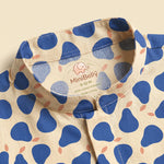 MiniBelly kids kurta pajama set with blue pear abstract pattern on light background, made of soft 100% cotton fabric.