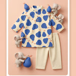 MiniBelly Kids Kurta Pajama Set in soft cotton with abstract blue pear pattern on a light background, suitable for infants 0-12 months.