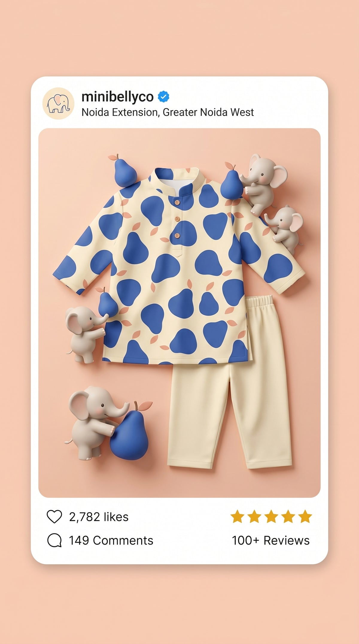 MiniBelly Kids Kurta Pajama Set in soft cotton with abstract blue pear pattern on a light background, suitable for infants 0-12 months.