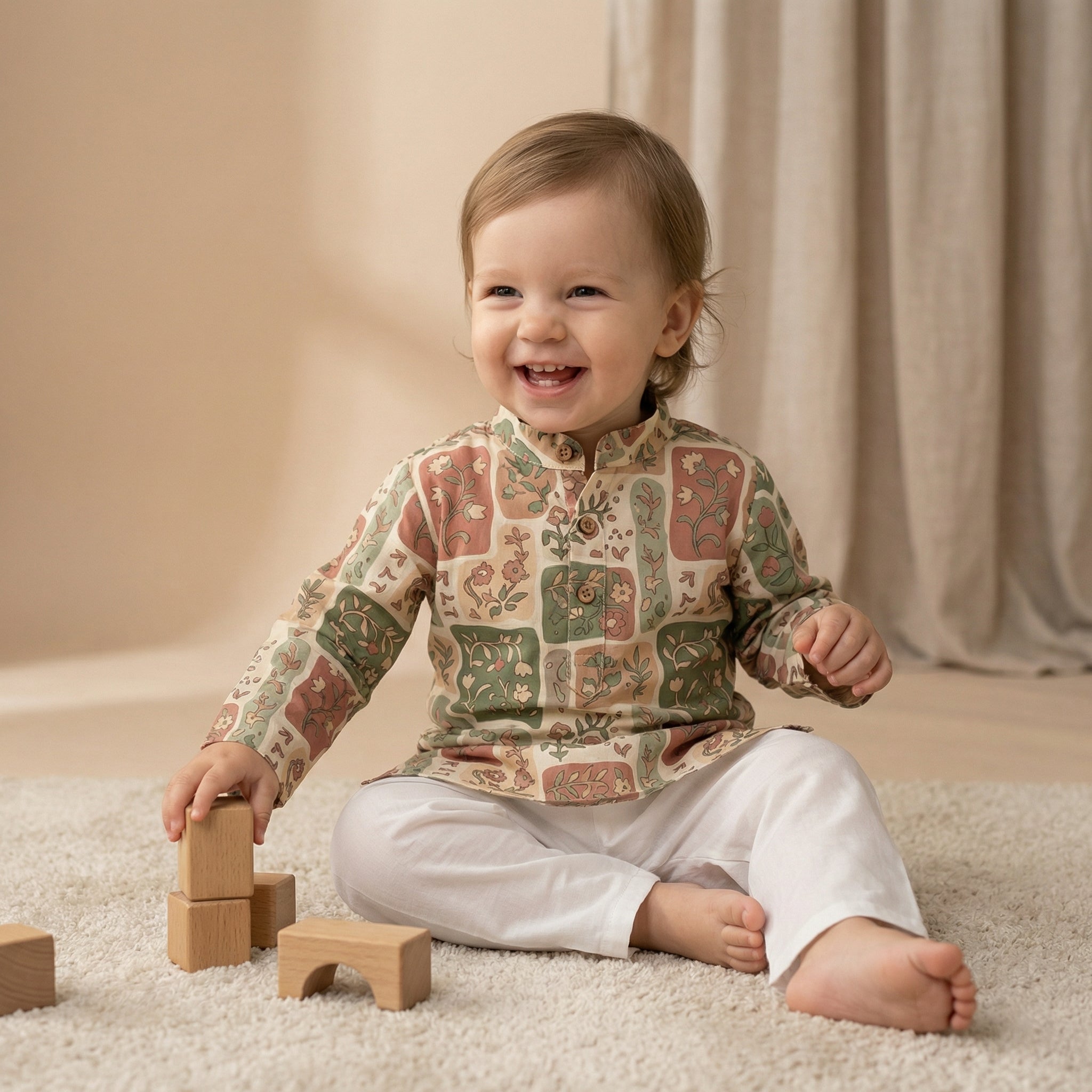 MiniBelly Kurta Pajama Set Earthy boho floral patchwork mosaic with organic block shapes 100% Cotton - minibelly