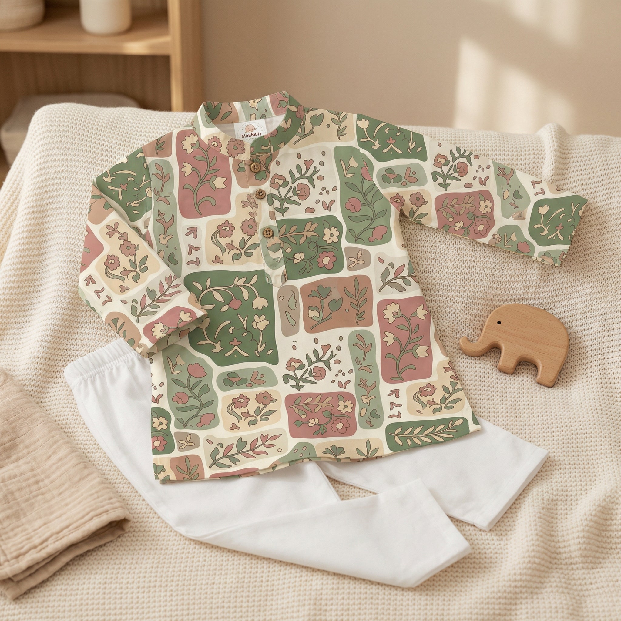 MiniBelly Kurta Pajama Set Earthy boho floral patchwork mosaic with organic block shapes 100% Cotton - minibelly