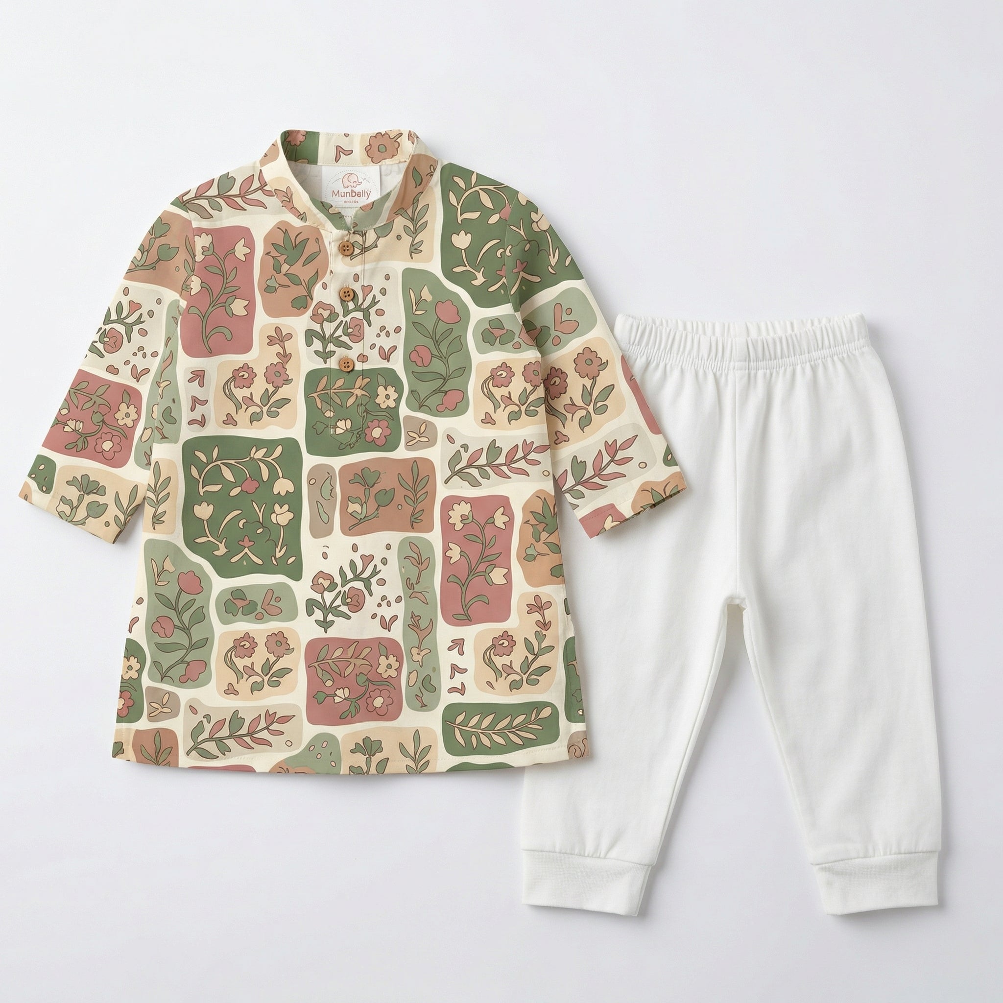 MiniBelly Kurta Pajama Set Earthy boho floral patchwork mosaic with organic block shapes 100% Cotton - minibelly