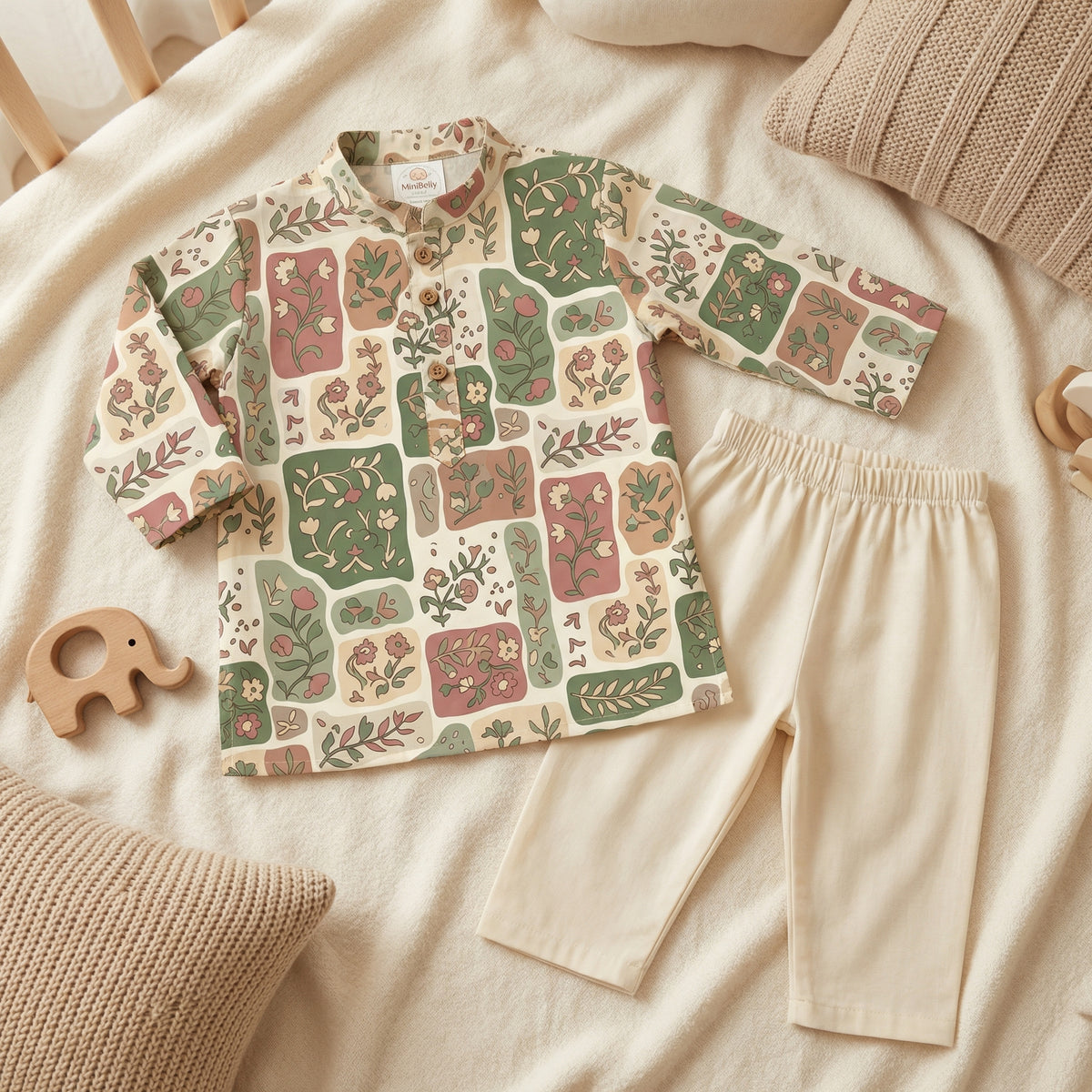 MiniBelly Kurta Pajama Set Earthy boho floral patchwork mosaic with organic block shapes 100% Cotton - minibelly