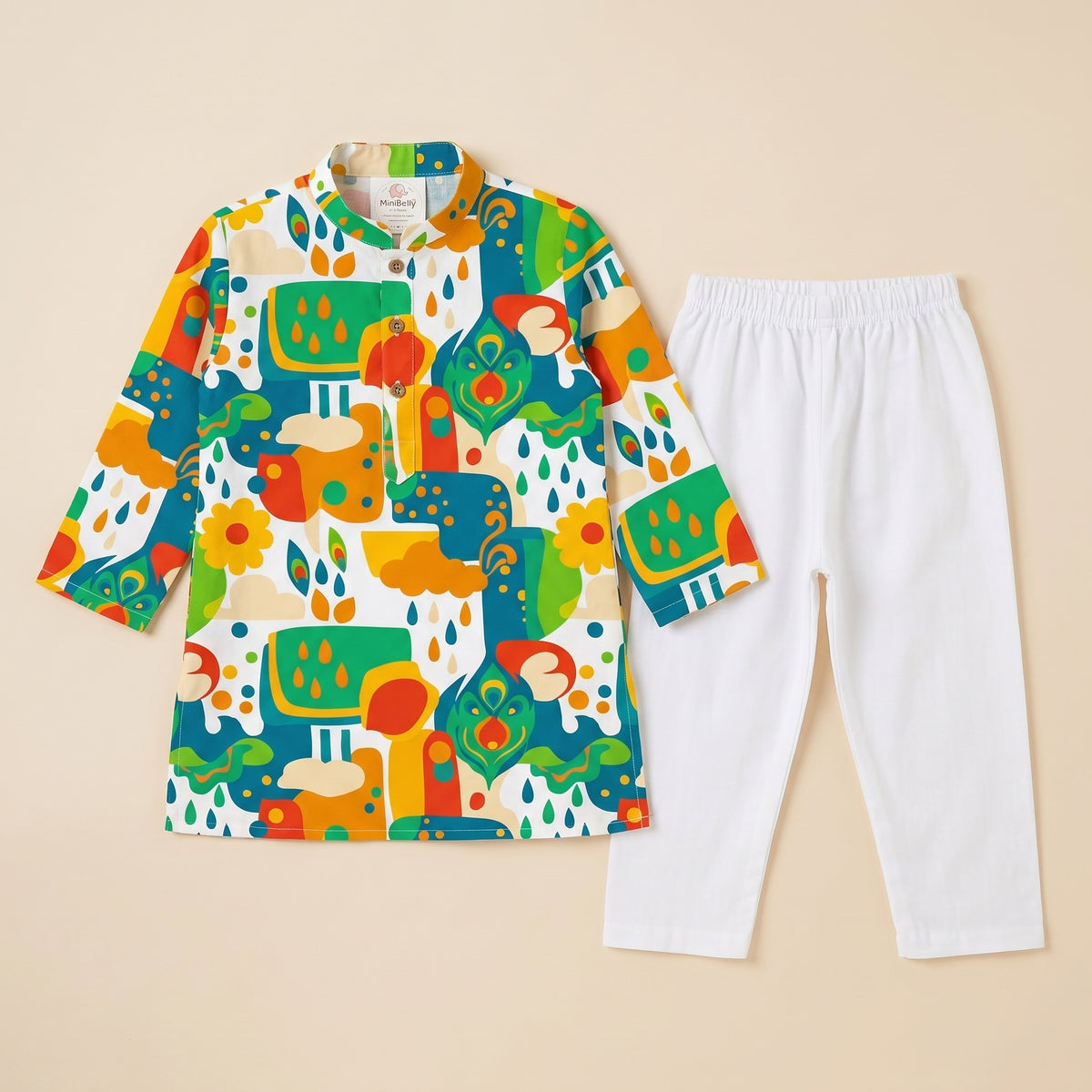MiniBelly kids' kurta pajama set in soft cotton with abstract floral, clouds, and raindrop motifs in cream for ages 0-2 years.