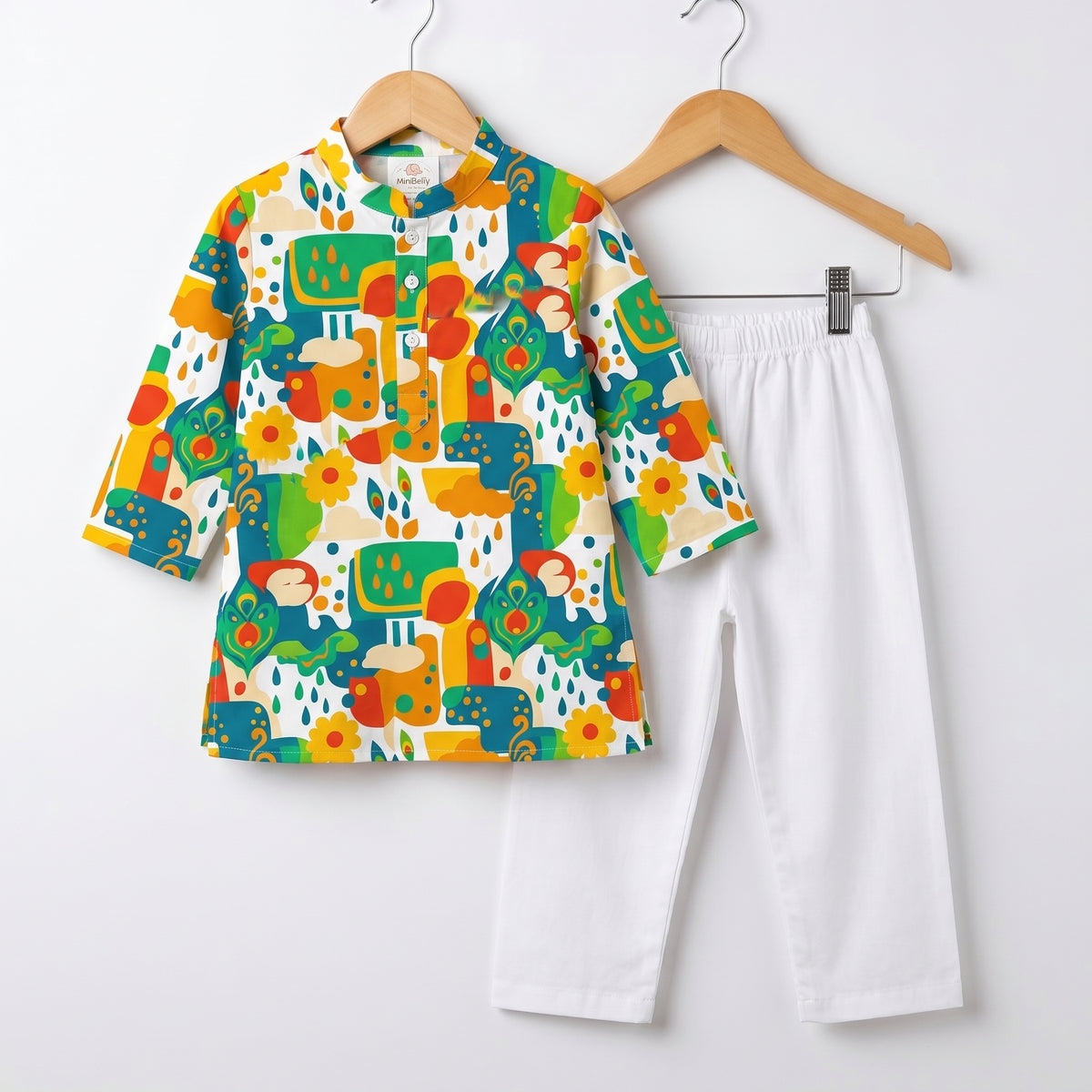 MiniBelly kids' kurta pajama set with abstract floral, clouds, and raindrop motifs in soft cotton for ages 0-2 years.