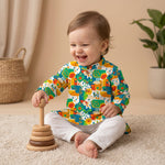 MiniBelly kids' kurta pajama set in cream with soft stripes, featuring abstract floral, clouds, and raindrop motifs in 100% cotton.