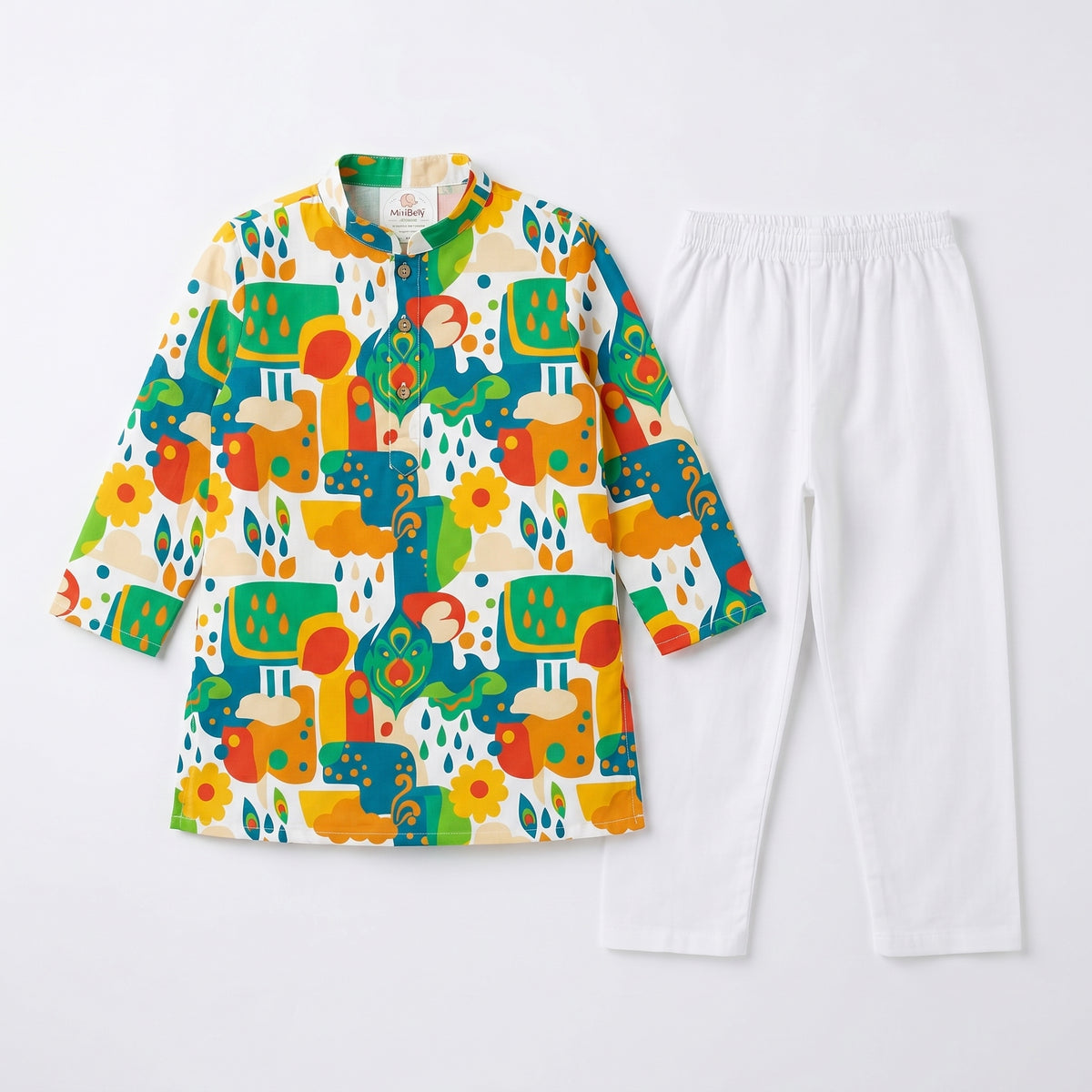 MiniBelly kids' kurta pajama set in soft cotton with abstract floral, clouds, and raindrop motifs in cream for ages 0-3 years.