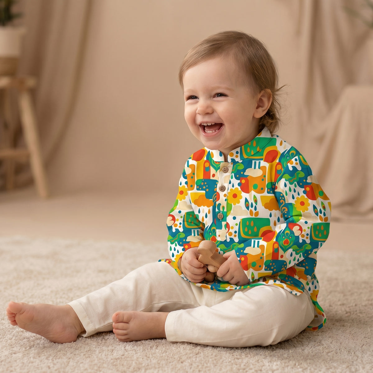 MiniBelly kids kurta pajama set with abstract floral, clouds, and raindrop motifs in soft cotton for ages 0-3 years.