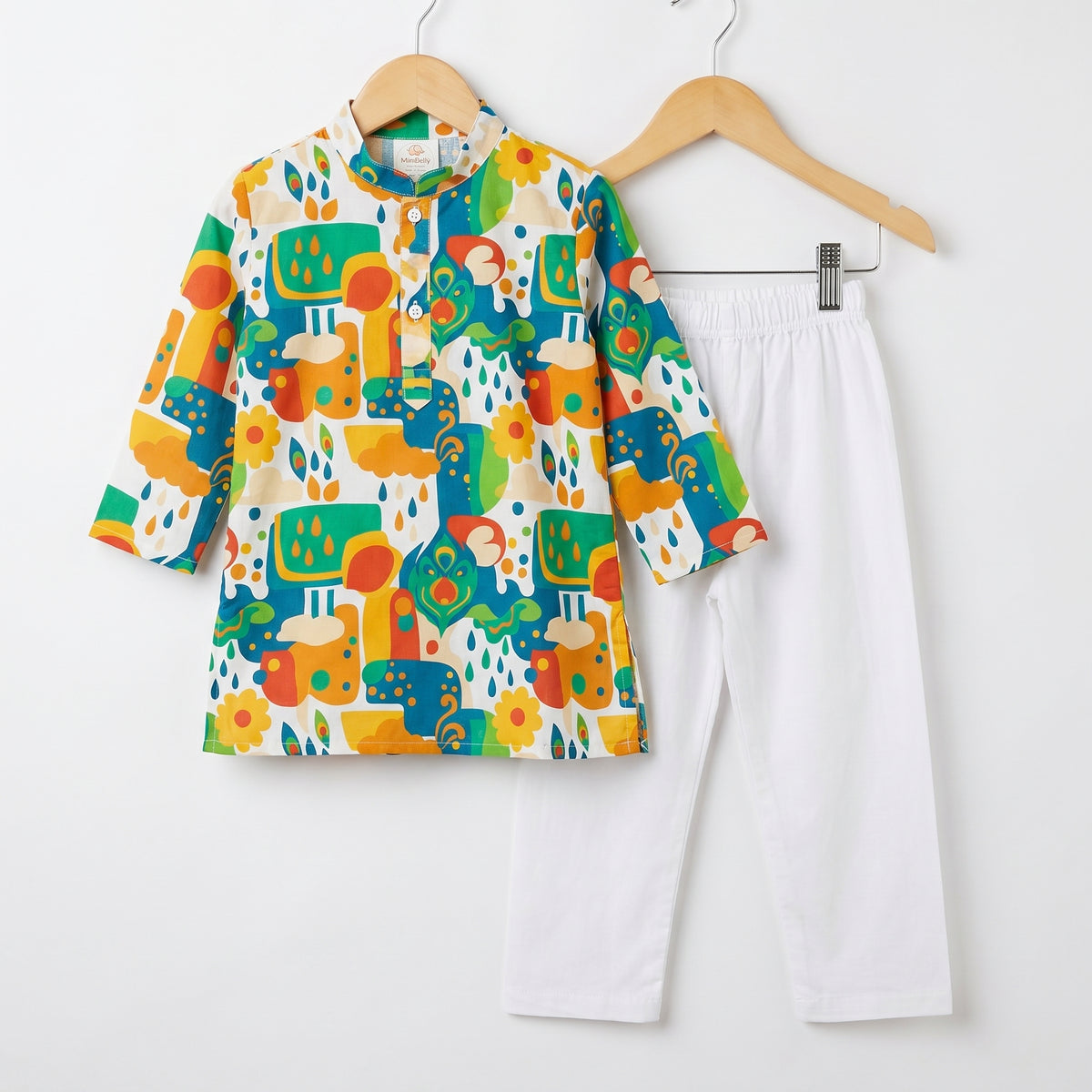 MiniBelly kids' kurta pajama set in soft cotton with abstract floral, cloud, and raindrop motifs for ages 0-3 years.