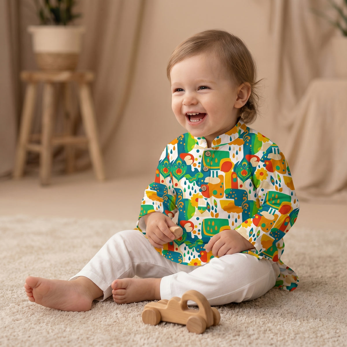 MiniBelly kids' kurta pajama set in soft cotton with abstract floral, clouds, and raindrop motifs in cream for 0-3 years.