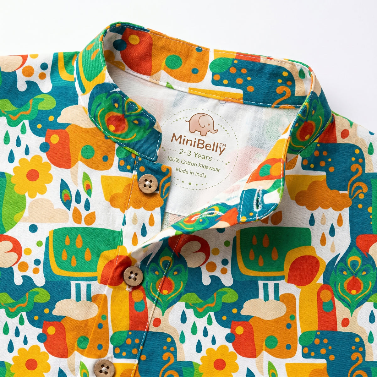 MiniBelly kids' kurta pajama set with abstract floral, clouds, and raindrop motifs in soft 100% cotton fabric for ages 0-3 years.