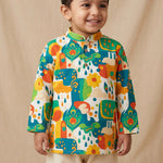 MiniBelly kids' cotton kurta pajama set with abstract floral, clouds, and raindrop motifs in soft cream fabric for ages 0-3 years