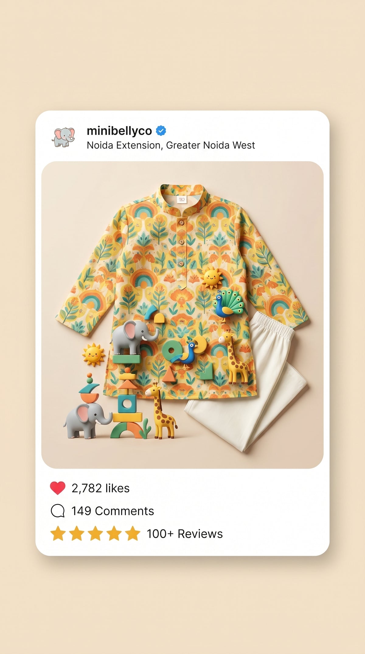 MiniBelly kids' kurta pajama set in soft cotton with abstract floral, clouds, and raindrop motifs for ages 0-3 years.