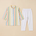MiniBelly kids' pastel multi-stripe cotton kurta pajama set with tiny dot patterns, soft fabric for infants aged 0-3 years.