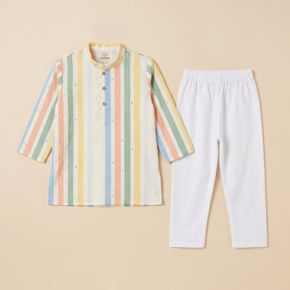 MiniBelly kids' pastel multi-stripe cotton kurta pajama set with tiny dot patterns, soft fabric for infants aged 0-3 years.