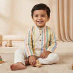 MiniBelly kids' pastel multi-stripe cotton kurta pajama set with tiny scattered dots for ages 0-3 years.