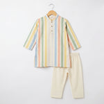 MiniBelly kids' pastel striped kurta pajama set in soft cotton with tiny dot patterns for ages 0-3 years.