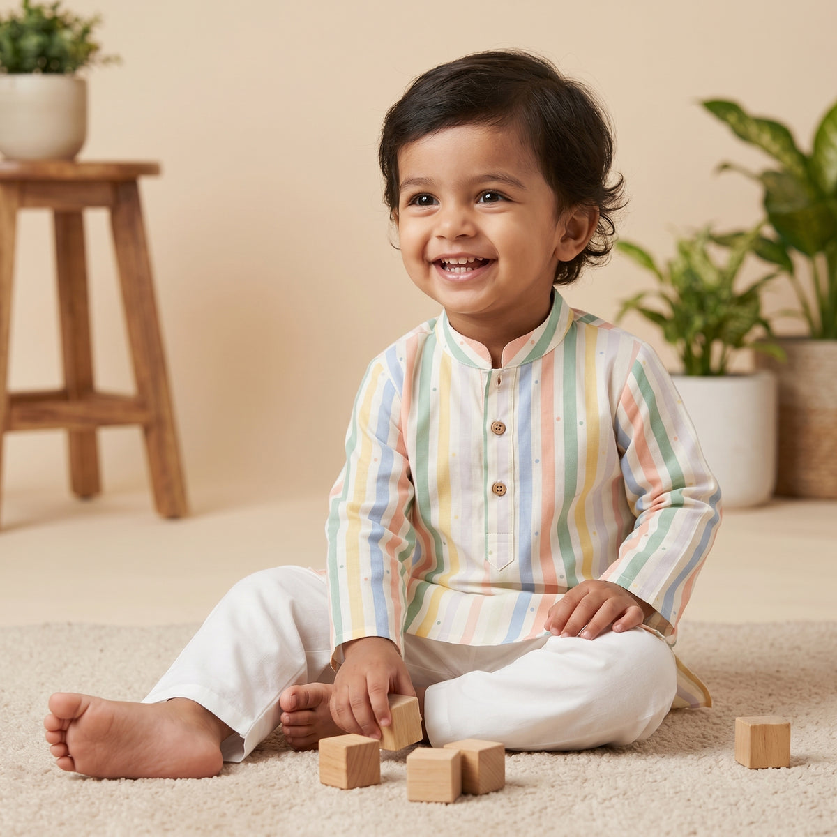 MiniBelly kids' pastel multi-stripe kurta pajama set with tiny dot patterns, made of soft 100% cotton for ages 0-3 years.