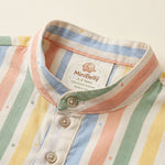 MiniBelly kids' pastel multi-striped cotton kurta pajama set with tiny dot patterns for ages 0-3 years.