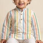 MiniBelly kids' pastel multi-striped cotton kurta pajama set with tiny dot patterns for ages 0-3 years.