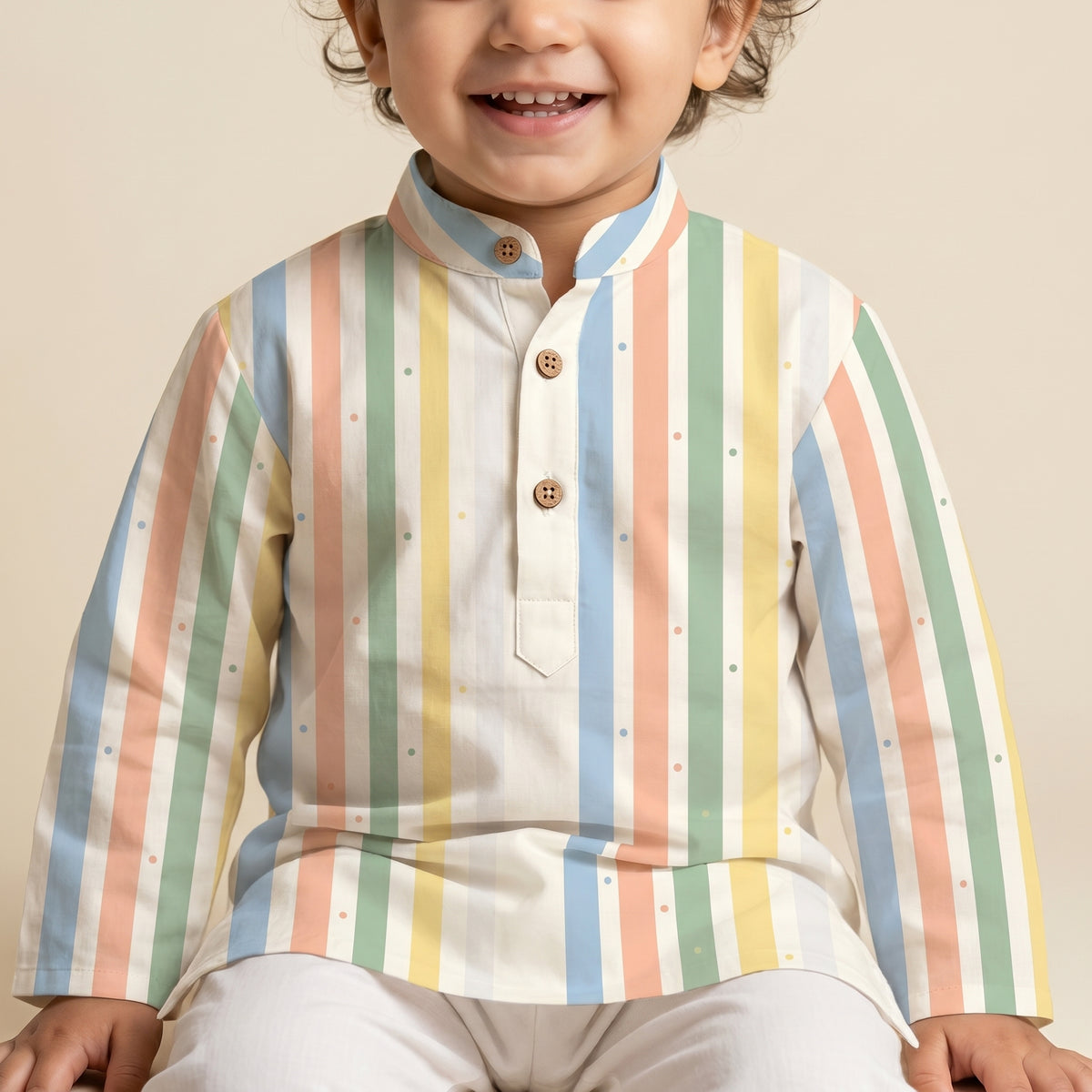 MiniBelly kids' pastel multi-striped cotton kurta pajama set with tiny dot patterns for ages 0-3 years.