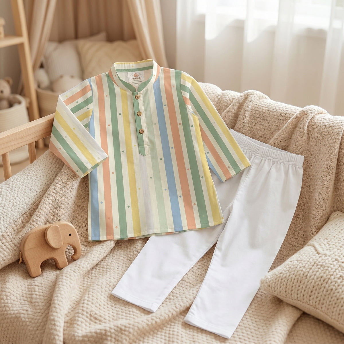 MiniBelly kids' pastel striped cotton kurta pajama set with tiny dot patterns for ages 0-3 years, soft and comfortable fabric.