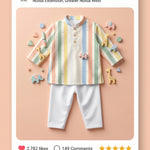 MiniBelly kids' pastel multi-stripe cotton kurta pajama set with tiny scattered dots for 0-3 years, soft and comfortable fabric.