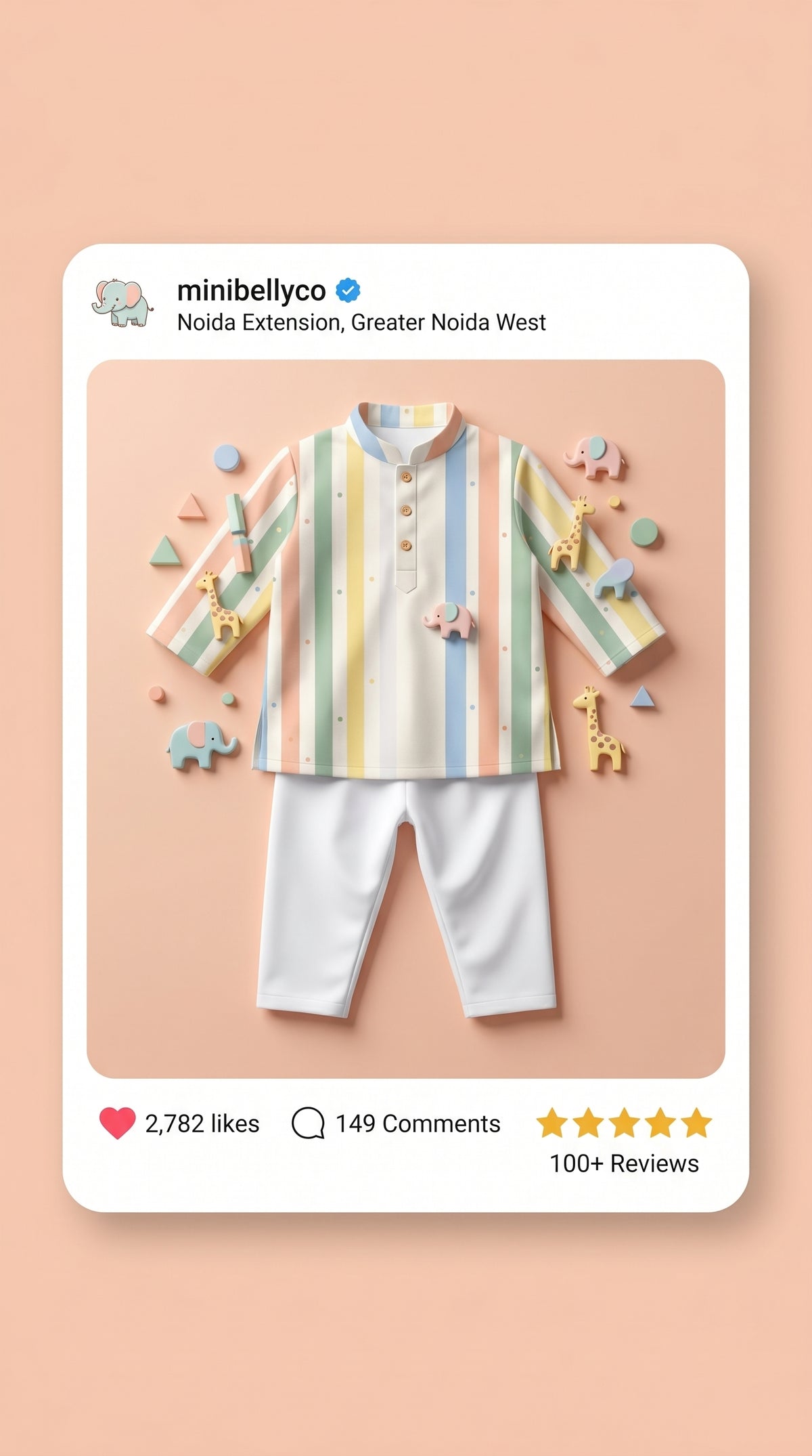 MiniBelly kids' pastel multi-stripe cotton kurta pajama set with tiny scattered dots for 0-3 years, soft and comfortable fabric.
