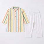 MiniBelly kids' pastel multi-stripe cotton kurta pajama set with tiny dot patterns for infants aged 0-12 months.