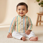 MiniBelly kids' pastel multi-stripe cotton kurta pajama set with tiny dot patterns for ages 0-12 months.