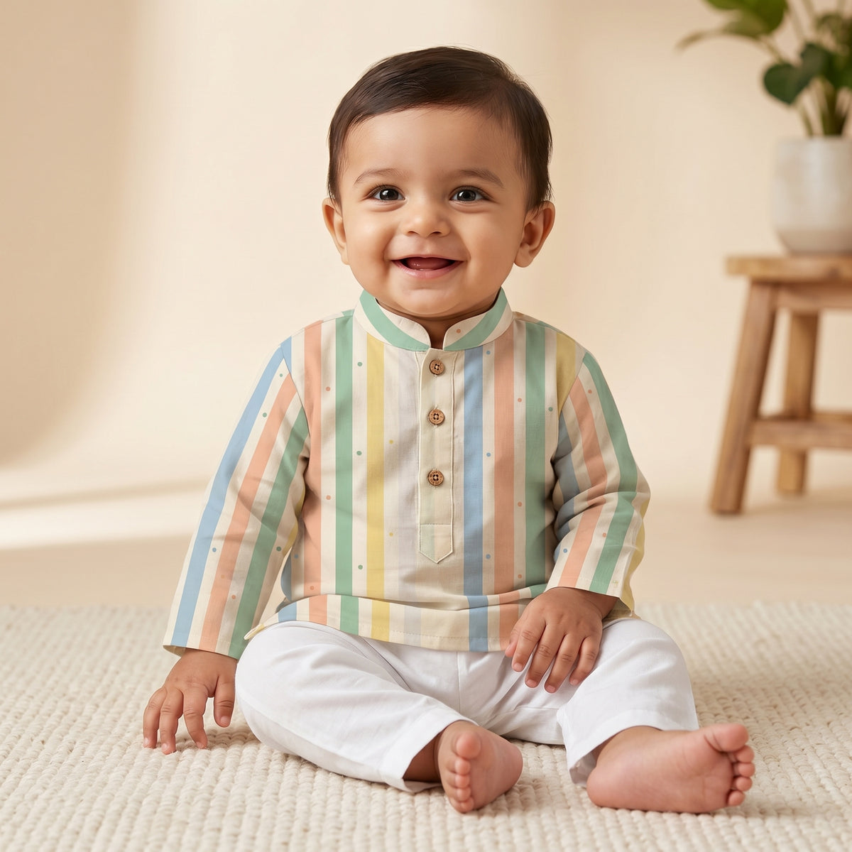 MiniBelly kids' pastel multi-stripe cotton kurta pajama set with tiny dot patterns for ages 0-12 months.