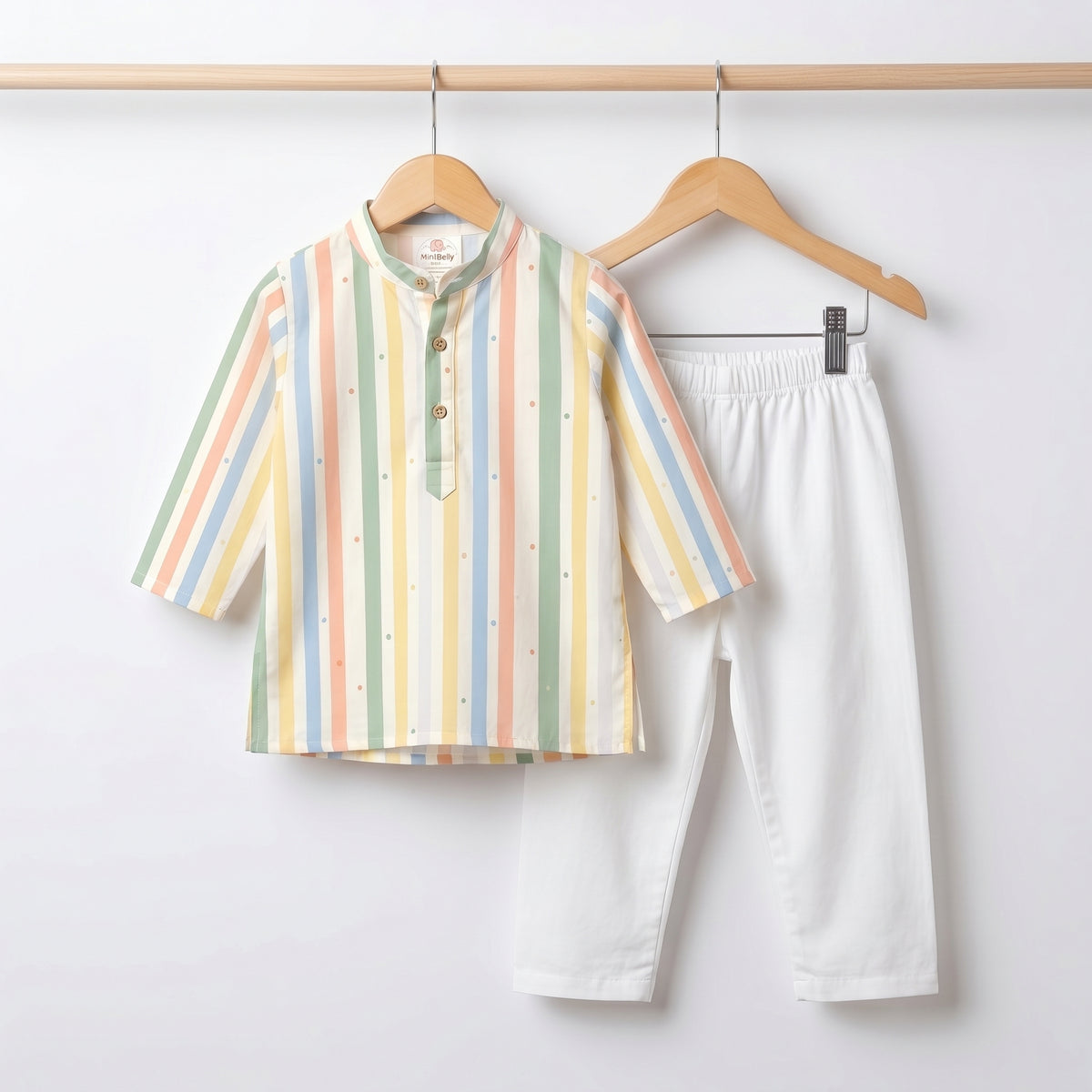 MiniBelly kids' pastel multi-stripe kurta pajama set with tiny dot prints, made from soft 100% cotton for ages 0-12 months.