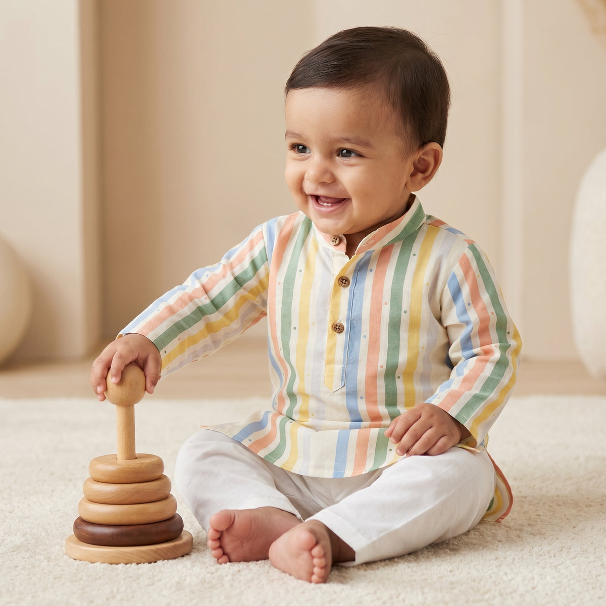 MiniBelly kids' pastel multi stripes kurta pajama set in soft 100% cotton with tiny dot patterns for ages 0-12 months.