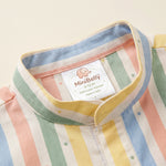 MiniBelly kids' pastel multi stripe cotton kurta pajama set with tiny scattered dots, soft fabric for ages 0-12 months.
